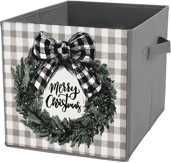 Christmas Wreath Black White Checkered Bow Cube Storage Bins Storage Cubes Foldable Decorative Fabric Storage Baskets Home Organizers with Handles for Shelves,Closet, 10.6 X 10.6 Inch