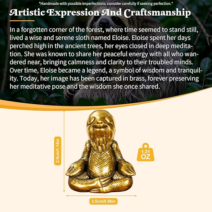 CHOVY Retro Handcrafted Meditating Sloth Statue - 100% Solid Brass Seated Sloth in Thoughtful Pose, Vintage Style Collectible Art Piece for Home & Office | Unique Gift for Nature Lovers