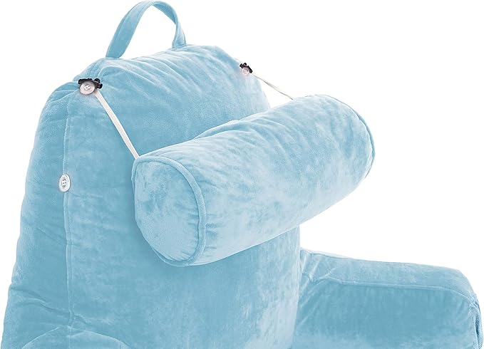 Husband Pillow Medium Reading Pillow with Arms - 23" Backrest for Sitting Up in Bed - Firm Support Bed Rest Pillow for Adults, Neck Roll, Removable Cover - TV, Reading, Lounging - Sky Blue