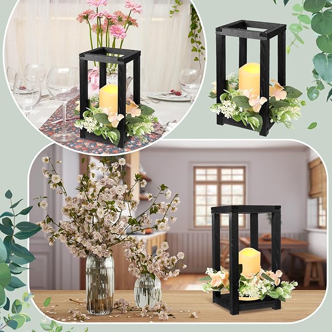 Hushee 60 Pcs Wooden Wedding Lantern Centerpiece Integrated Holders with Candles and Wreaths Rustic Wooden Candle Lantern Decor for Wedding Party Table Valentine Decor (Black)