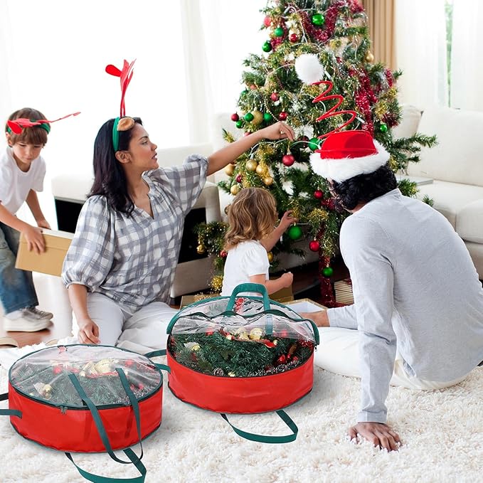 Shappy 4 Pcs Red Wreath Storage Bag Clear Wreath Box Storage Containers with Clear Window and Handle Garland Containers for Holiday Seasonal Bags (36 Inch)