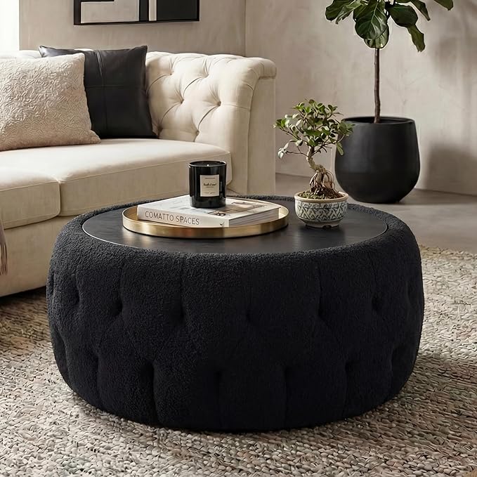 Large Round Storage Ottoman Coffee Table with Wooden Tabletop, 30.5 Inches Teddy Fleece Tufted Ottoman for Living Room, Bedroom, Apartments (Black)