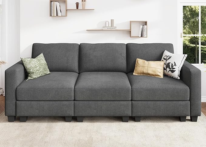 HONBAY 97'' Sectional Sofa, 3 Seaters Modular Sofa, Comfy Corduroy Pet Friendly Fabric for Small Space,Living Room, Grey
