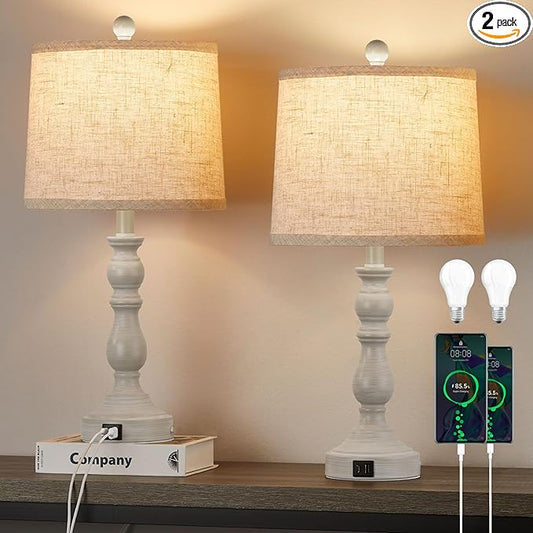 Farmhouse Side Table Lamps for Living Room Set of 2 with USB C+A Ports, Bedside Lamp for Bedroom, Dining Room Decor, Office, End Table, Knob Switch, 3 Color Temperatures, Bulb Included, Beige