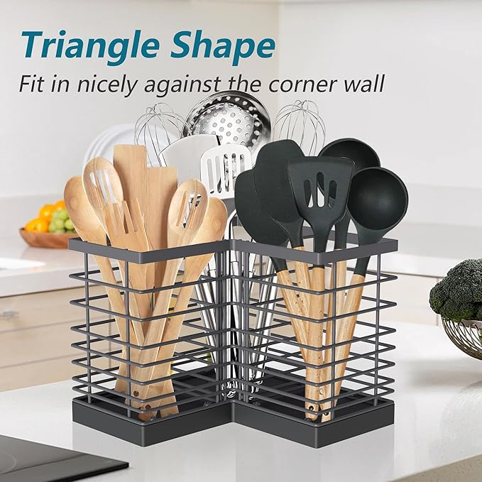 Suli Kitchen Utensil Holder with 3 Compartments，Grey Metal Corner Kitchen Caddy for Countertop，Farmhouse Rustic Cooking Storage-Grey