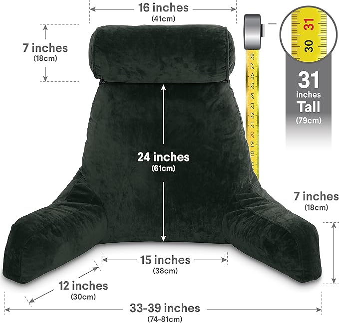Husband Pillow XXL The Original for Adults - 30" Tall Backrest for Sitting Up in Bed - Firm Support Reading & Bed Rest Pillows for Adults, Neck Roll, Removable Cover - TV - Dark Green