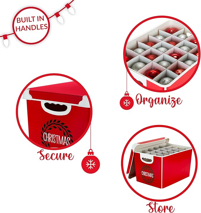 Simplify Christmas Wreath Design Holiday Tote Bin Ornament Storage | Dimensions: 15.4"x 11.4"x 9.25" | Holds 60 Ornaments | Red | Removable Lid | Easy Carry Handles |