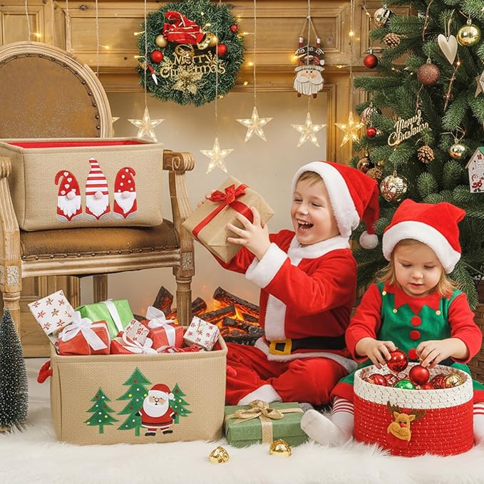 INough Christmas Basket Large Christmas Gift Baskets Empty Fabric Organizer Bin with Handles, Gift Bags Foldable Holiday Toy Gift Holder for Fireplace, Kids Room, Home Decor