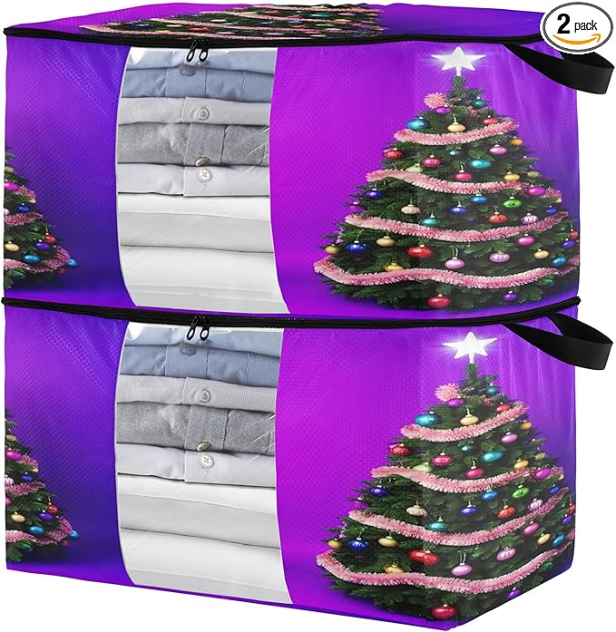 Burbuja 2 Pack Storage Bag Organizer with Handles for Clothes, Blankets, Bedding, Christmas Tree Foldable Storage Bag with Zipper & Clear Window, 95L