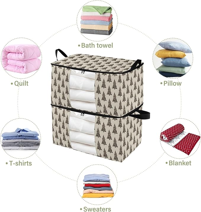 Burbuja 2 Pack Storage Bag Organizer with Handles for Clothes, Blankets, Bedding, Christmas Tree Leopard Foldable Storage Bag with Zipper & Clear Window, 95L