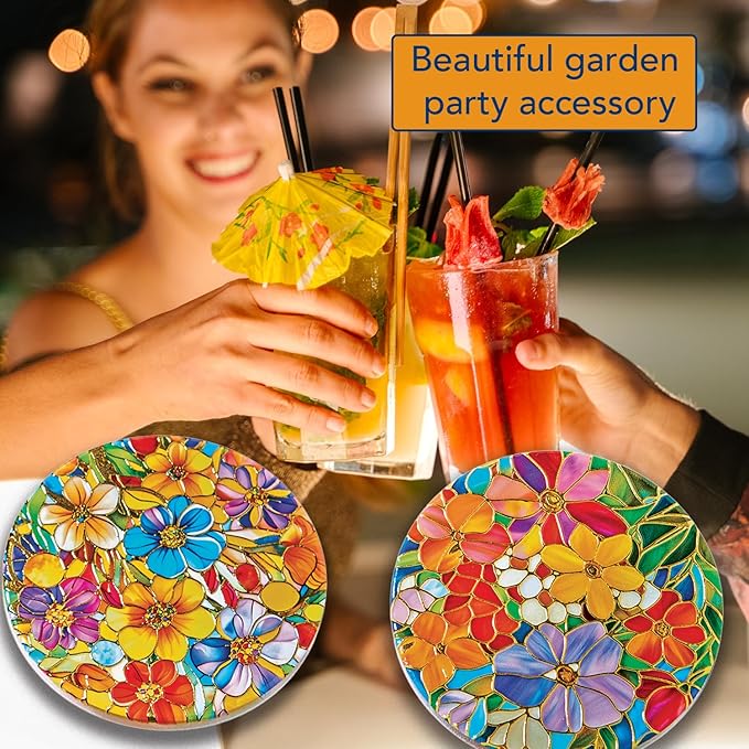 Bits and Pieces Set of 4 Drink Coasters Stained Glass Look Ceramic Coasters with Cork Backing, Bright Flowers with Gold Accents - 3 1/2" Floral Coaster Set