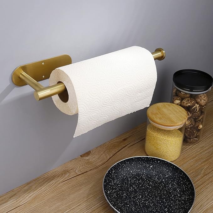 Gold Paper Towel Holder Under Cabinet - Self Adhesive Paper Towel Roll Holder Stick on Wall, Stainless Steel Paper Towel Rack for Kitchen Bathroom(2 Pcs)