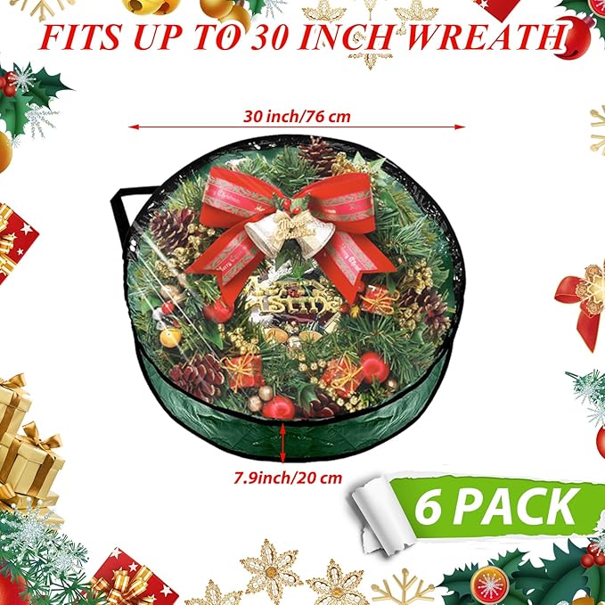 6 Pack Wreath Storage Container, 30 Inch Wreath Storage Bags, Clear Christmas Wreath Storage Container with Sturdy Handles for Holiday Seasonal Decoration, Green
