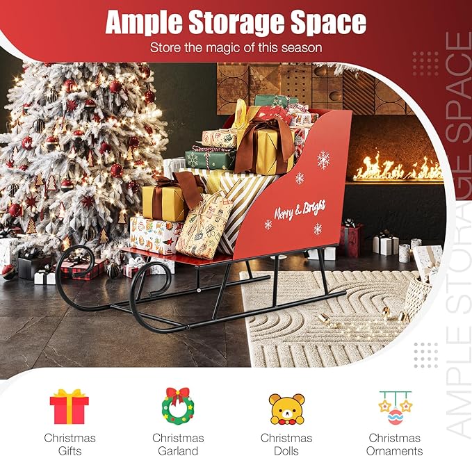 Tangkula Metal Christmas Santa Sleigh Basket, Xmas Santa’s Gift Storage Sleigh, Festive Decorative Sleigh Cart, Holiday Decoration for Home Office Carnival