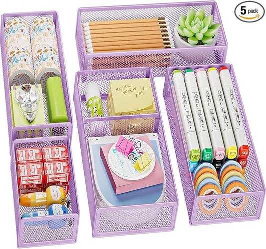 Marbrasse 5 Pack Desk Drawer Organizer Set, Mesh Drawer Storage Trays with 1 Adjustable Divider, Desk Organizers and Accessories, 5 PCS Drawer for Office Supplies, Makeup & Vanity (Purple)