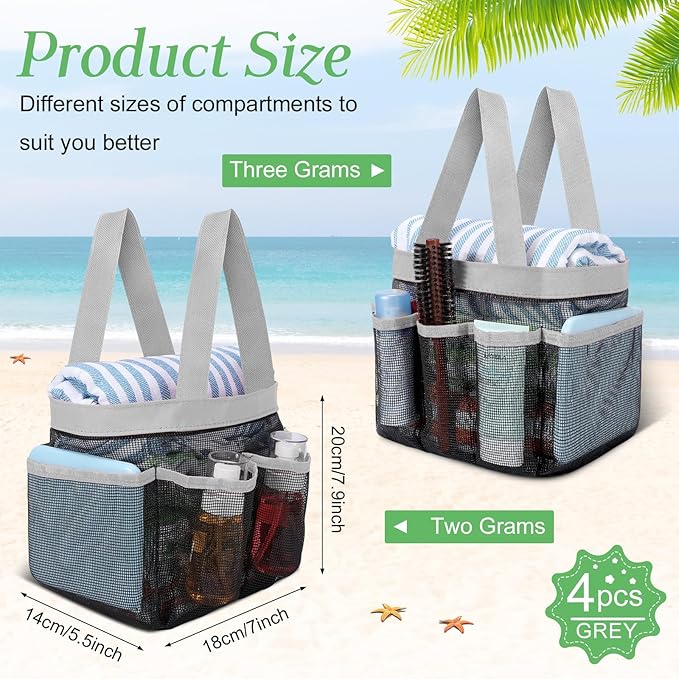 Hillban 4 Pcs Mesh Shower Caddy Portable Shower Caddy for Dorm Beach Mesh Bags with Deeper 8 Pockets and Handles Showers Caddies Basket for Women College Room Vacation(Gray)