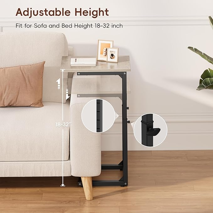 Vagusicc C Shaped End Table, Small Side Table for Couch, 33 "Tall C Table End Table Adjustable Height Couch Side Table, Tv Tray Table Sofa Table, Slide Under Couch Table for Living Room, Bedroom, Gray