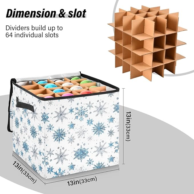 Blue Silver Snowflake Christmas Ornament Storage Basket Box Winter Xmas Holiday Storage Container Cube with Adjustable Dividers for 64 Holiday Ornaments or Decorations Keeps Clean and Dry