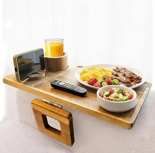 Acacia Wood Sofa Armrest Tray Table with Cup Holder & Phone Stand – 3-in-1 Clip-On Couch Arm Tray Table, Rotating Drink & Phone Holder for Couch, Sofa & Living Room