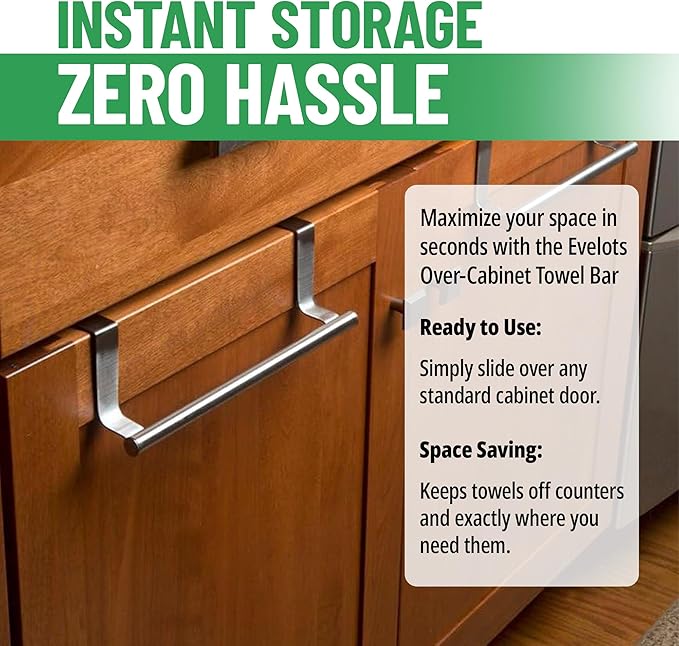 Evelots Towel Hook, Bar Over Cabinet Door - Kitchen, Bathroom - 2 Pack- Hand, Dish Towel Rack Holder - Inside or Outside Door - Brushed Stainless Steel - No Rust - No Scratch - No Installation
