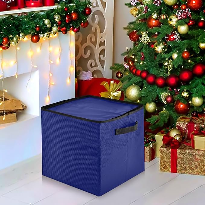 Dark Blue Christmas Ornament Storage Basket Box Holiday Storage Container Cube with Adjustable Dividers for 64 Holiday Ornaments or Decorations Keeps Clean and Dry for Next Season