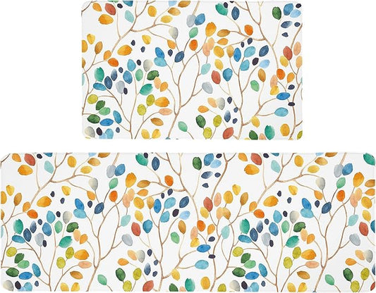 weesire Anti Fatigue Mats for Kitchen Floor Boho Kitchen Rugs Colorful Floral Leaves Memory Foam Cushioned Non-Slip Waterproof Kitchen Mat PVC Kitchen Rug Set, 17.3x28+17.3x47 inches, Laundry, Yellow