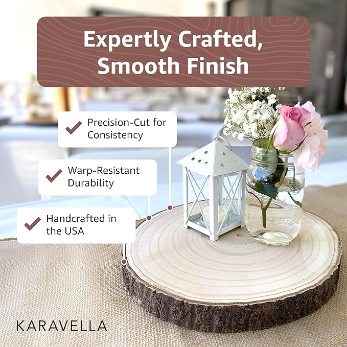 KARAVELLA Large Wood Slices for Centerpieces – Wood Centerpieces for Tables, Rustic Wedding Centerpiece, Natural Wood Slabs, Thin Slices, 11-13 inches (10 Pack)