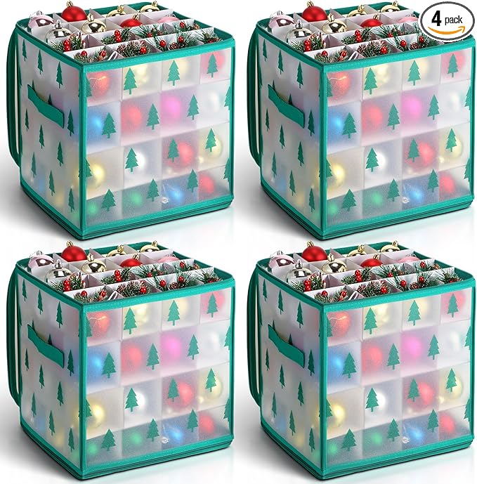 Saintrygo 4 Pcs Christmas Ornament Storage Box with 64 Compartment Zippered Bauble Storage Containers, Vinyl Plastic Ornament Box with Handles, 12 Inch (Tree Style)