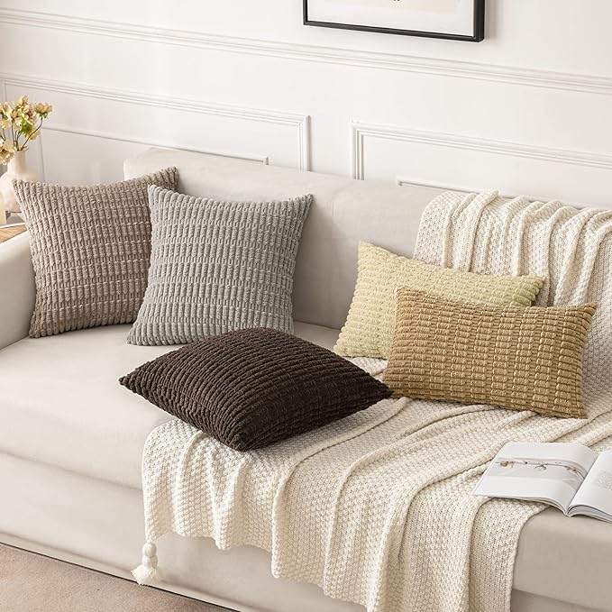 MIULEE Pack of 2 Corduroy Decorative Lumbar Throw Pillow Covers 20x12 Inch Soft Boho Striped Pillow Covers Modern Farmhouse Home Decor for Sofa Living Room Couch Bed Light Brown