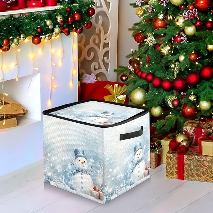Snowman Jingle Bells Christmas Ornament Storage Basket Box Winter Snowflake Blue Silver Holiday Storage Container Cube with Adjustable Dividers for 64 Holiday Ornaments or Decorations
