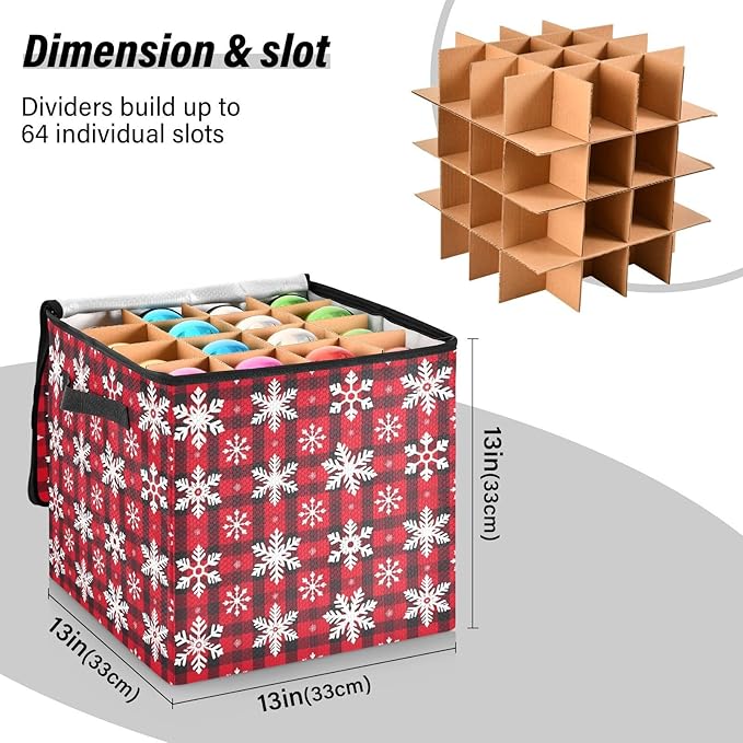 Red Buffalo Plaid Christmas Ornament Storage Basket Box Snowflake Winter Holiday Storage Container Cube with Adjustable Dividers for 64 Holiday Ornaments Decorations Keeps Clean Dry for Next Season
