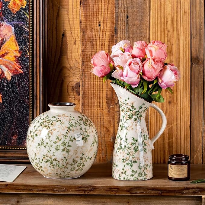 for Mom from Daughter or Son, SURE YUESI 7.3” Green Handcrafted Ceramic Pitcher Vase, Vintage Pastoral Floral Vase, Farmhouse Chinoiserie Tuscan Cottage Core Rustic Table Centerpiece