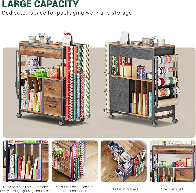 PUNLUXU Wrapping Paper Storage Cart, Rolling Gift Wrap Station with Ribbon and Gift Bag Storage, Wrapping Paper Organizer Holder, Craft Organizers and Storage for Christmas, Craft Storage Cart 004