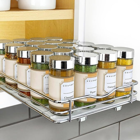 LYNK PROFESSIONAL® Pull Out Spice Organization for Cabinets - 8-3/8 inch Wide – Spice Rack for Inside Cabinets, Slide Out Spice Rack Organizer for cabinet – Pull Out Spice Rack, Sliding 1 Tier Chrome