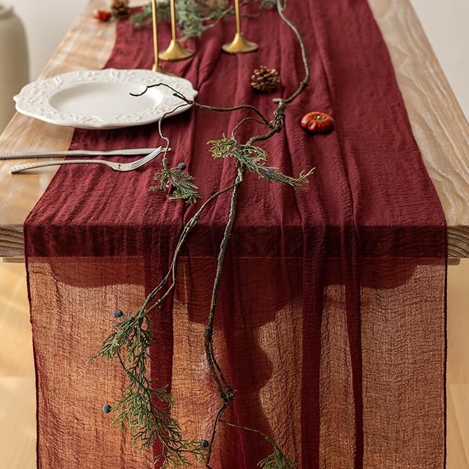 Keketoarrange Burgundy Table Runner Red Table Runner Cheesecloth Gauze 120 Inch 10 FT Rustic Boho Cheese Cloth Runner for Wedding Baby Bridal Shower Party Long Sheer Spring Home Decorations