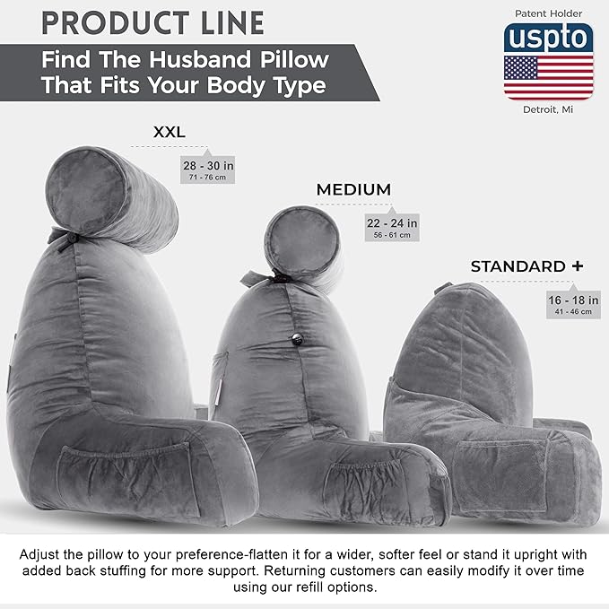 Husband Pillow XXL The Original for Adults - 30" Tall Backrest for Sitting Up in Bed - Firm Support Reading & Bed Rest Pillows for Adults, Neck Roll, Removable Cover - TV - Dark Grey
