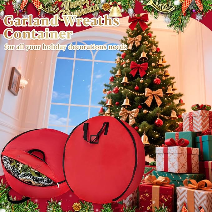 24 Inch RAINFLOW Christmas Wreath Storage Container - Heavy Duty Wreath Storage Bag With Handles Red Thickened Nonwoven Fabric Ideal For Household Organization Halloween Holiday Ornament Storage
