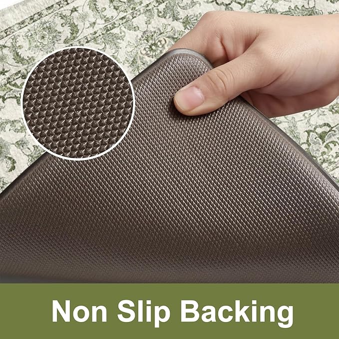 KIMODE Anti Fatigue Kitchen Mat Set, Non Slip Waterproof Kitchen Rug Set of 2, Boho Rugs for Kitchen, Ergonomic Standing Kitchen Sink Mats for Floor, 17"x29.5"+17" x47”, Green