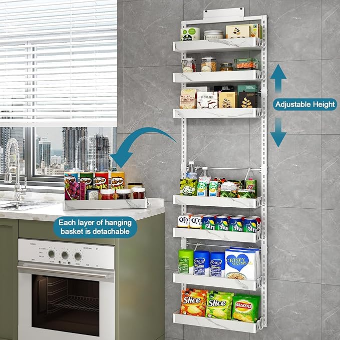 BUKFEN 8-Tier Over the Door Pantry Organizer, 2-in-1 Door Hanging or Wall Mounted Spice Rack, Heavy Duty Metal Storage Shelves with Adjustable Baskets for Kitchen Bathroom Closet