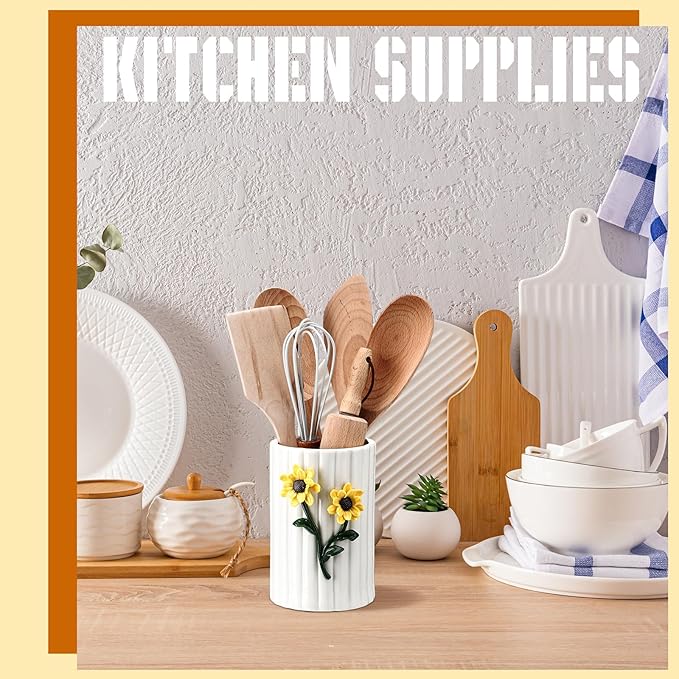 LemonRoad Ceramic Utensil Holder - 3D Sunflower Kitchen Decor, Countertop Cooking Tool Storage Crock for Spatulas, Whisks, Vase Decor Pen Holder for Gift