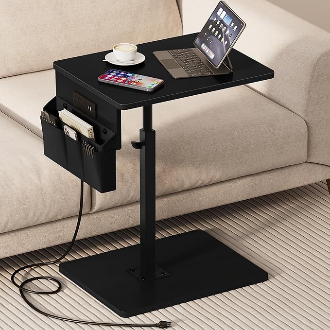 Vagusicc Sofa Armrest Tray Table for Couch - 360° Swivel Height Adjustable Side Table for Small Spaces, Snack Side Table for Bed or Chair, C Shaped End Table Snack Table for Eating Dinner Laptop