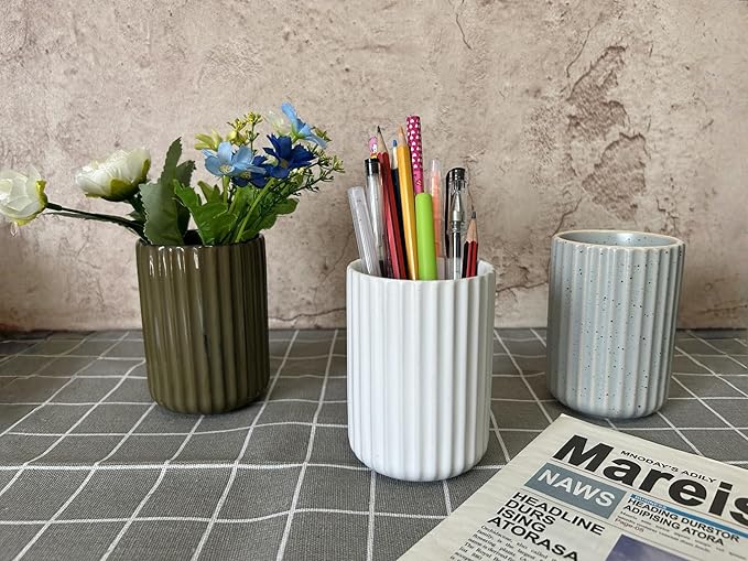 TOPYOKK Stoneware Coffee Bar Utensil Holder Tea & Coffee Spoon & Stirrer Holder for Stir Stick Straw Teaspoon Holder Spoon Cup Small Utensil Jar Fluted Vertical Stripe (Retro Green)