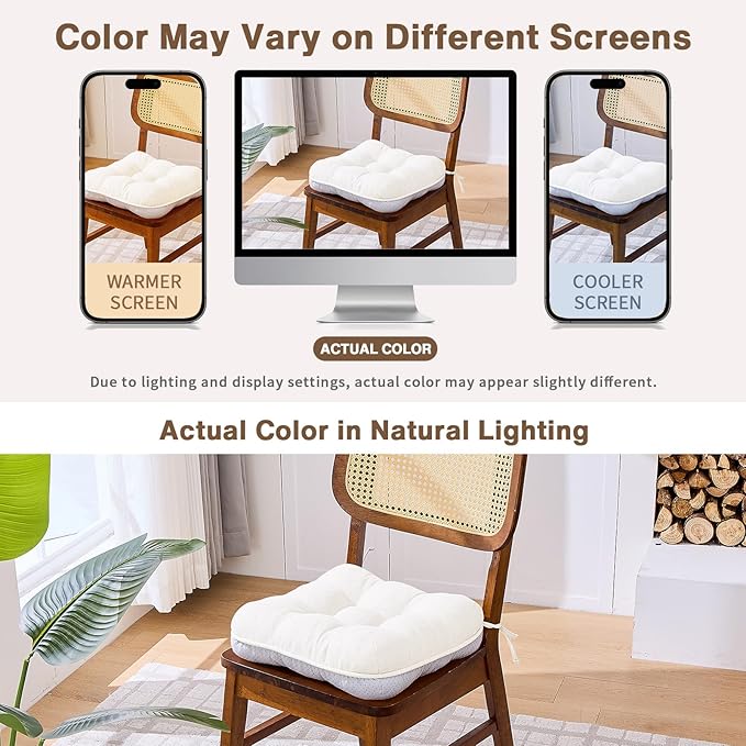 BETU White Chair Cushions for Dining Chairs Set of 4,3.5" Thick Kitchen Table Chair Pads with Ties,Non Slip Backing and Covers, Seat Cushion for Dining Room,Bar,Patio Chairs,16"X16"X3.5",White