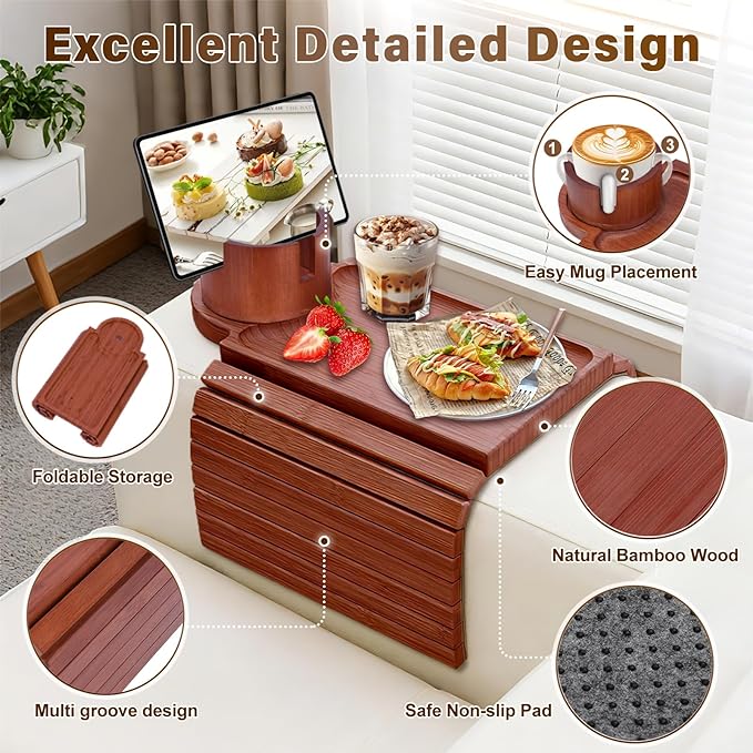 Couch Cup Holder Tray, 3-in-1 Bamboo Couch Armrest Table with 360° Rotating Magnetic and Detachable Phone Holder Stand, Foldable Anti-Slip Sofa Arm Tray for Remote, Phone, Snacks and Drinks