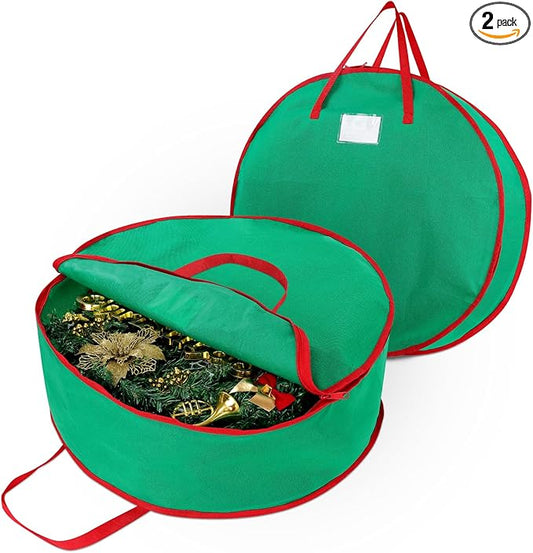 2 Pack Christmas Wreath Storage Container Bag 24", Card Slot Durable Handles and Double Zipper Storage Containers and to Protect Artificial Garland - Green