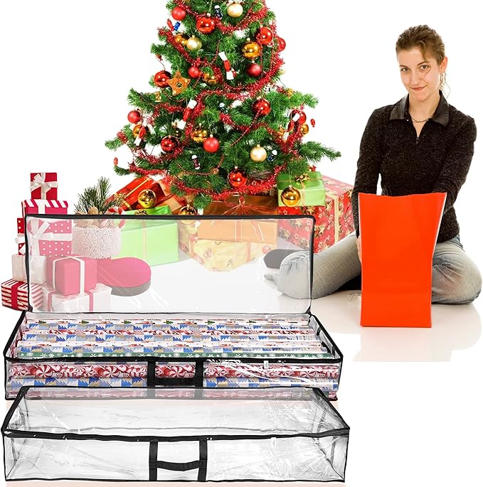 ProPik Wrapping Paper Box | Underbed Gift Wrap Storage & Organizer | 41”x14”x6” Fits 18-24 Rolls Up to 40” Long Roll | Holder for Ribbon, Bows and Accessories 2 Pack (Black)