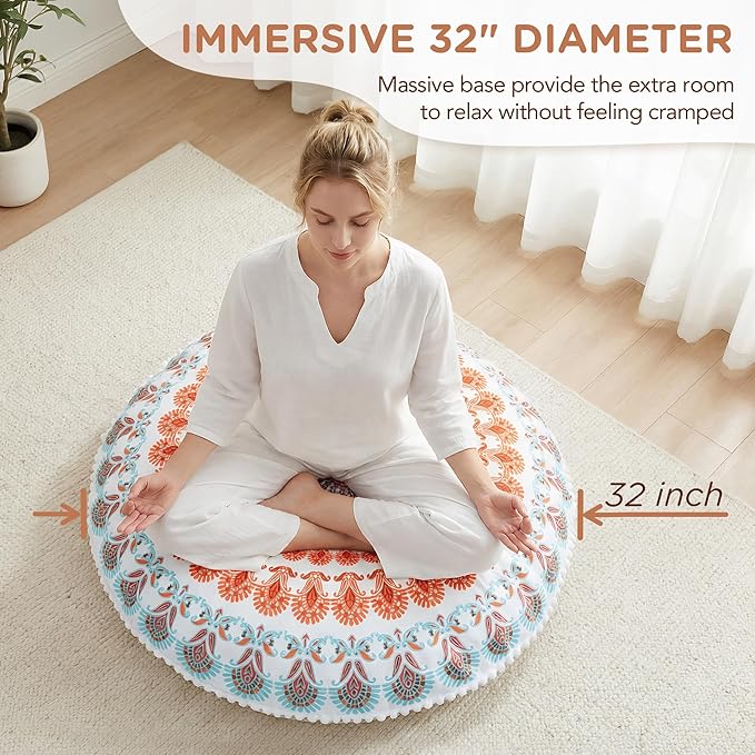 Codi Meditation Floor Pillow, Round Large Pillows Seating for Adults, Bohemian Mandala Circle Cushion for Outdoor Fireplace Yoga Living Room, 32 Inch, Memory Foam Added, Coral