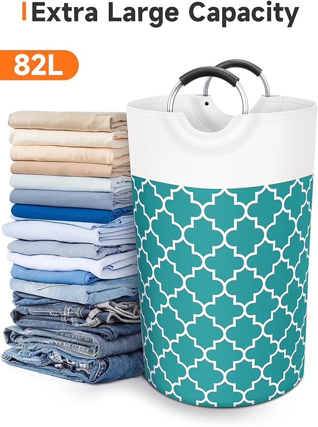 Fabspace Large Laundry Basket Laundry Hamper Bag Washing Bin Clothes Bag Collapsible Tall with Handles Waterproof Travel Bathroom College Essentials Storage for College Dorm, Family (Green) 82L