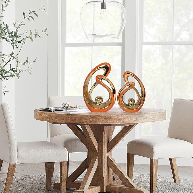2 PCS Orange Decor Accent Ceramic Statue Orange Gold Mid Century Modern Home Decor Accents Sculpture Decorations Centerpieces for Living Room Bookshelf Shelf Coffee Table Kitchen Office Dining Table