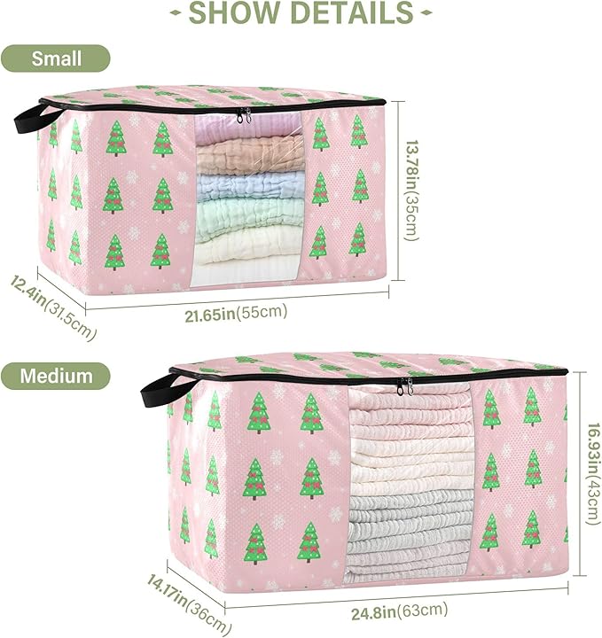 Burbuja Christmas Tree Clothes Storage Bag with Lids and Handle, 2 Pack Foldable Blanket Storage Container with Sturdy Zipper & Clear Window for Bedroom Closet, 60L